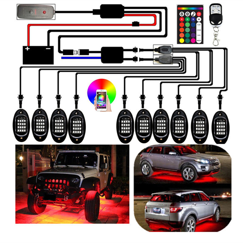 RGB LED App-Controlled Decorative Car Lights - 10 Pods, IP68 Waterproof